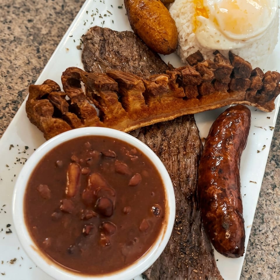 Hearty Brazilian-style platter with grilled steak, sausage, crispy pork ribs, rice topped with a fried egg, beans, and fried plantain.