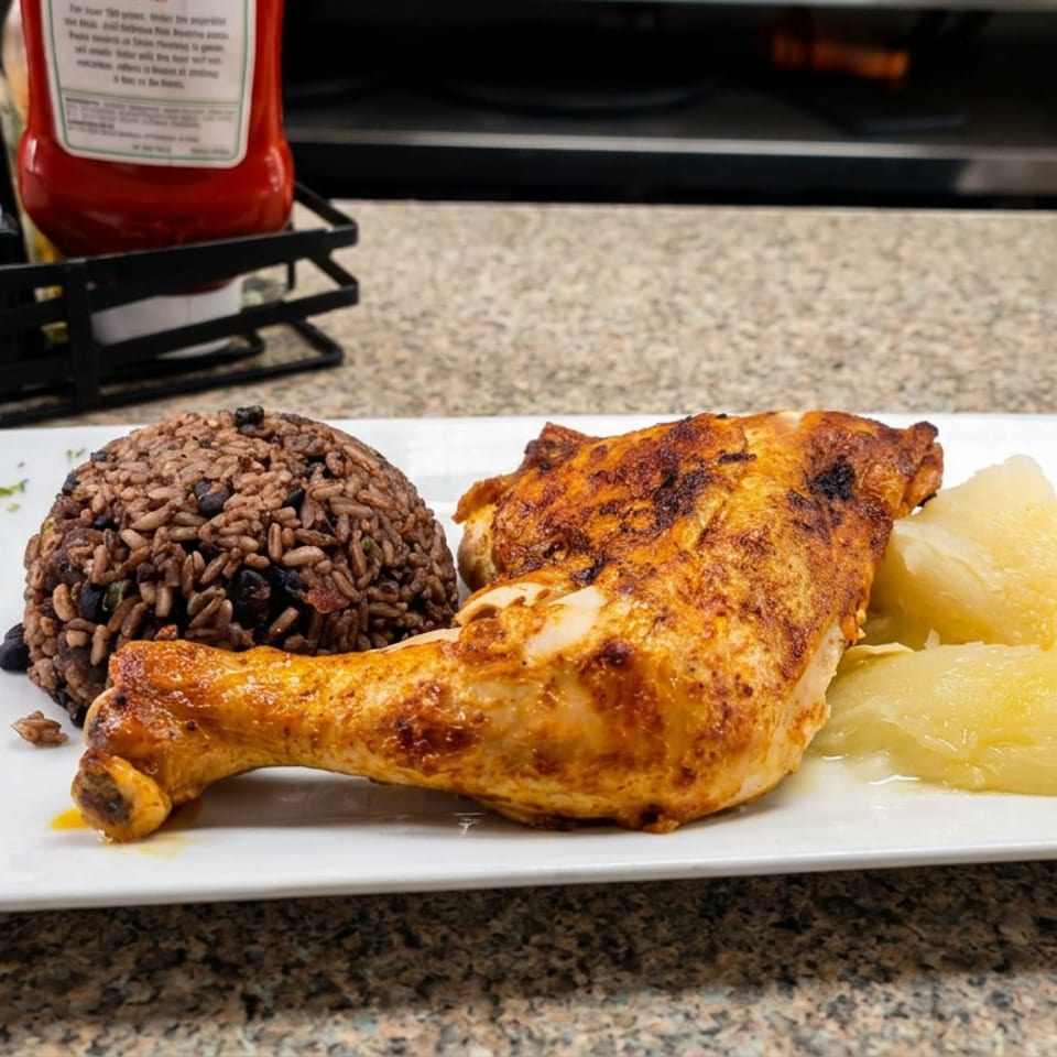 Grilled chicken leg served with black bean rice and sliced boiled yuca on a white plate.